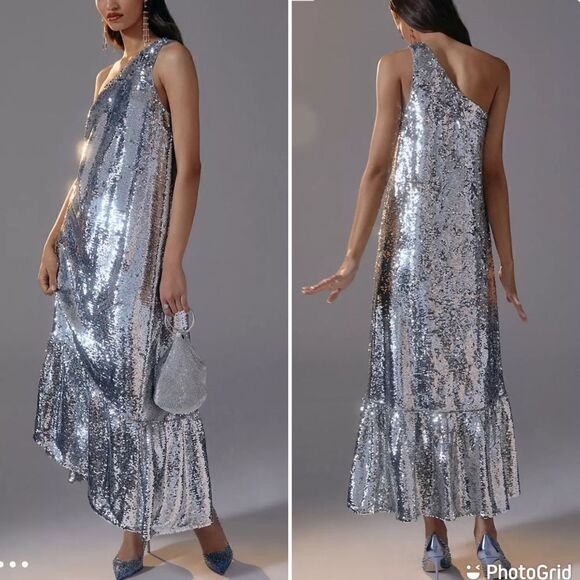 NEW Anthropologie Maeve Sequin One Shoulder Ruffle Midi Dress Silver - Picture 1 of 13